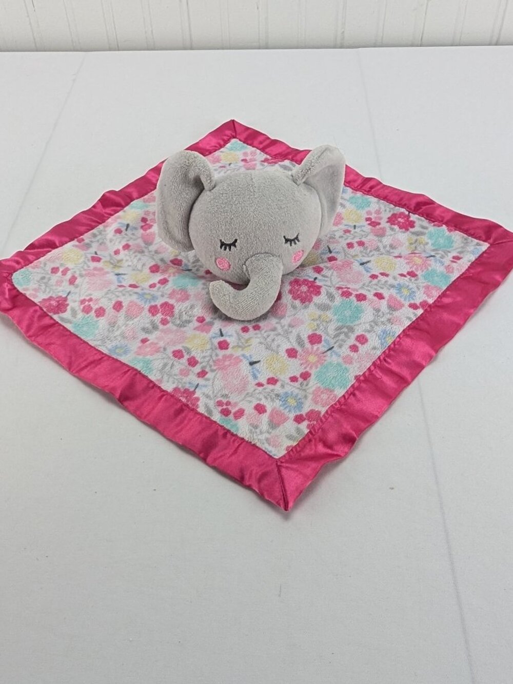 Parents Choice Gray Elephant Plush Lovey Security Blanket Pink Flowers Satin
